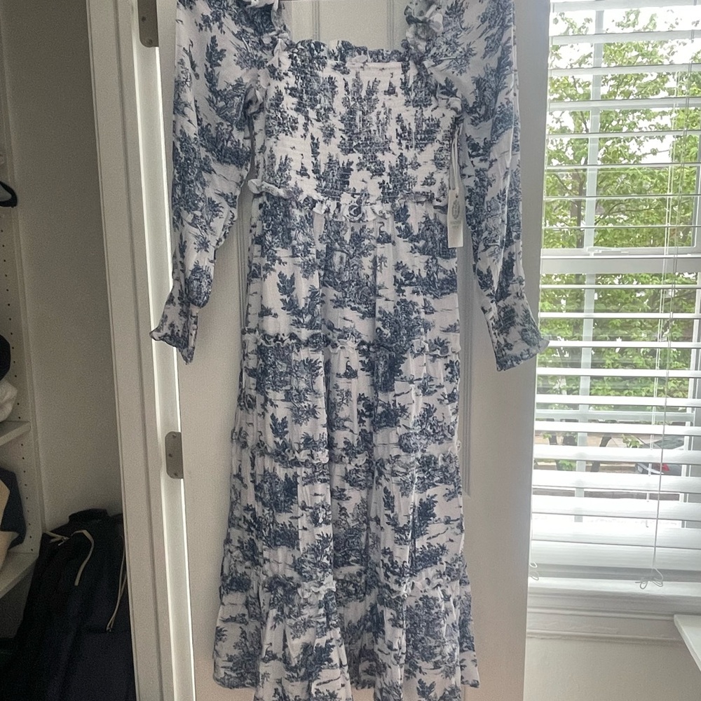Blue and White Ruffled Midi Dress with Bishop Sleeves